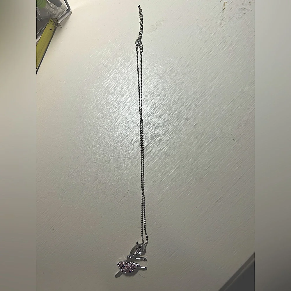 Girls 16” silver necklace & 2”extender. Ballerina pendant with pink stones.